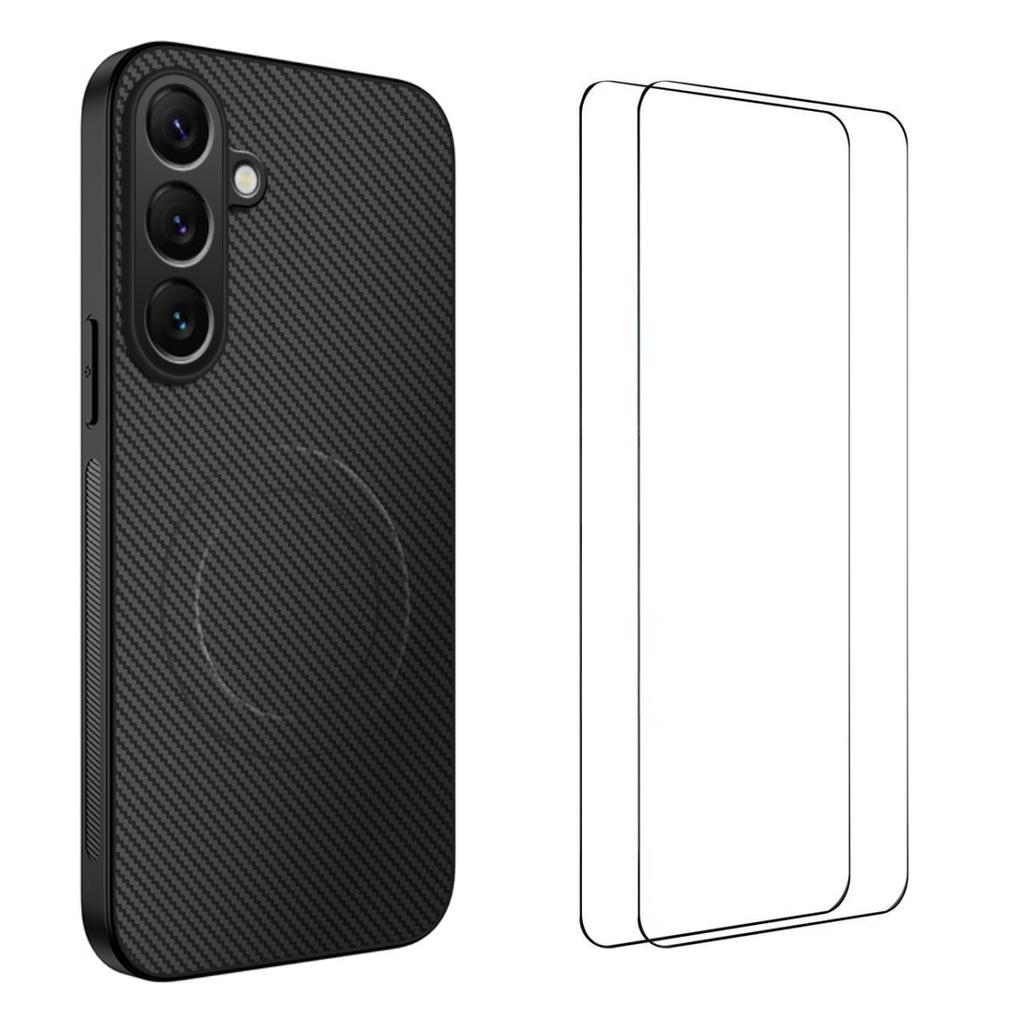 For Samsung Galaxy A17 5G Magnetic Case WANLONFENG TQ1 Series Carbon Fiber Texture PC TPU Phone Cover with 2Pcs Screen Films