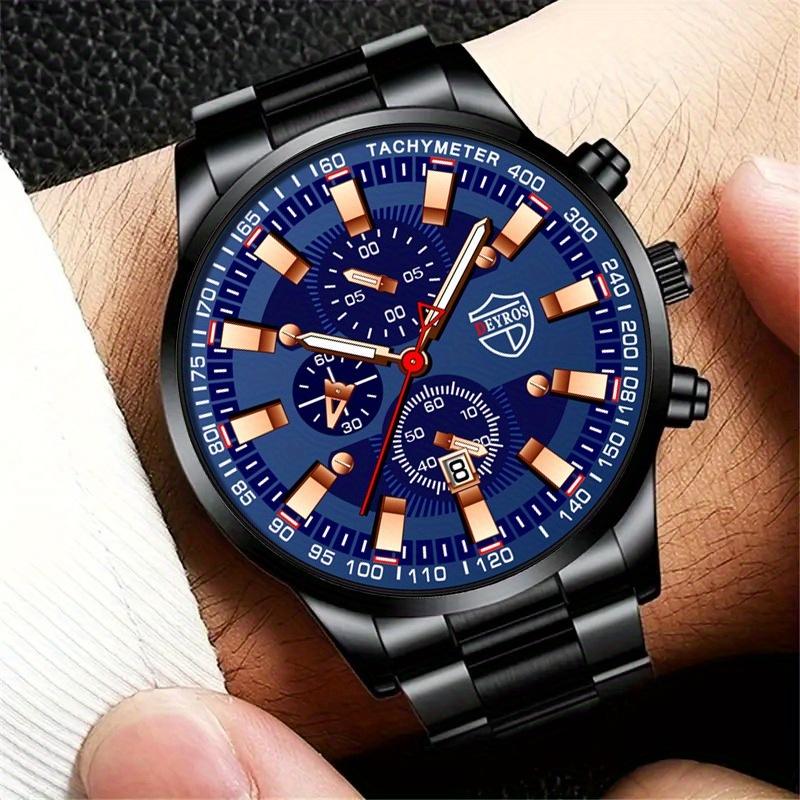 3pcs/set 1pc Fashion Men's Calemdar Business Stainless Steel Quartz Watch & 1pc Men's Bracelet & 1pc Men's Neckalce