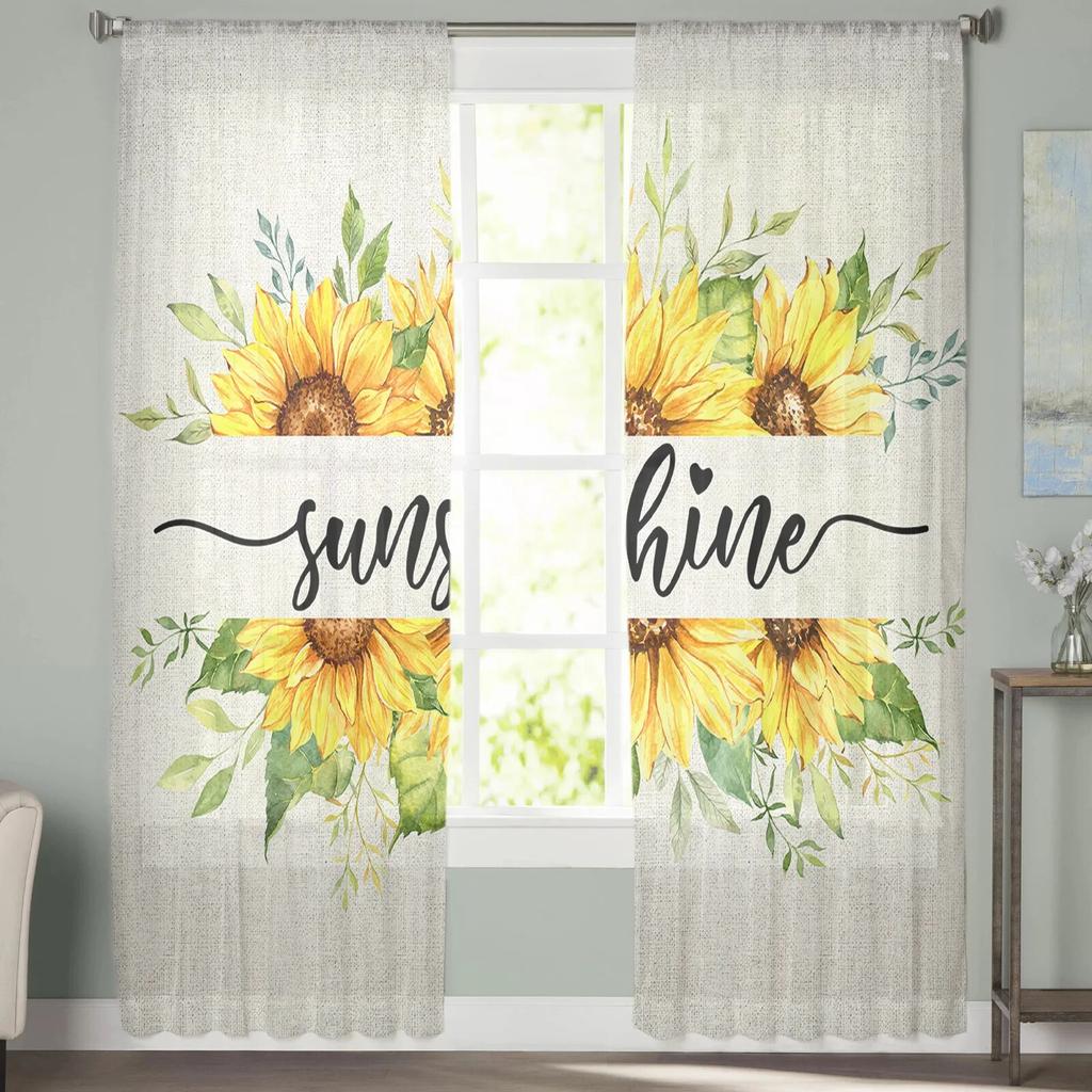 Aquarell-Blumen-Sonnenblumen-Bienen-Fenster-Tüllvorhänge für Wohnzimmer, Küche, moderne Fensterbehandlungen, Voile-Vorhänge