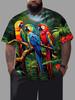 Men'S Vibrant Jungle Parrot Print Shirt, Casual Comfortable Crew Neck Top with Tropical Birds And Floral Patterns, Casual Wear Or Sports, Sports Top|