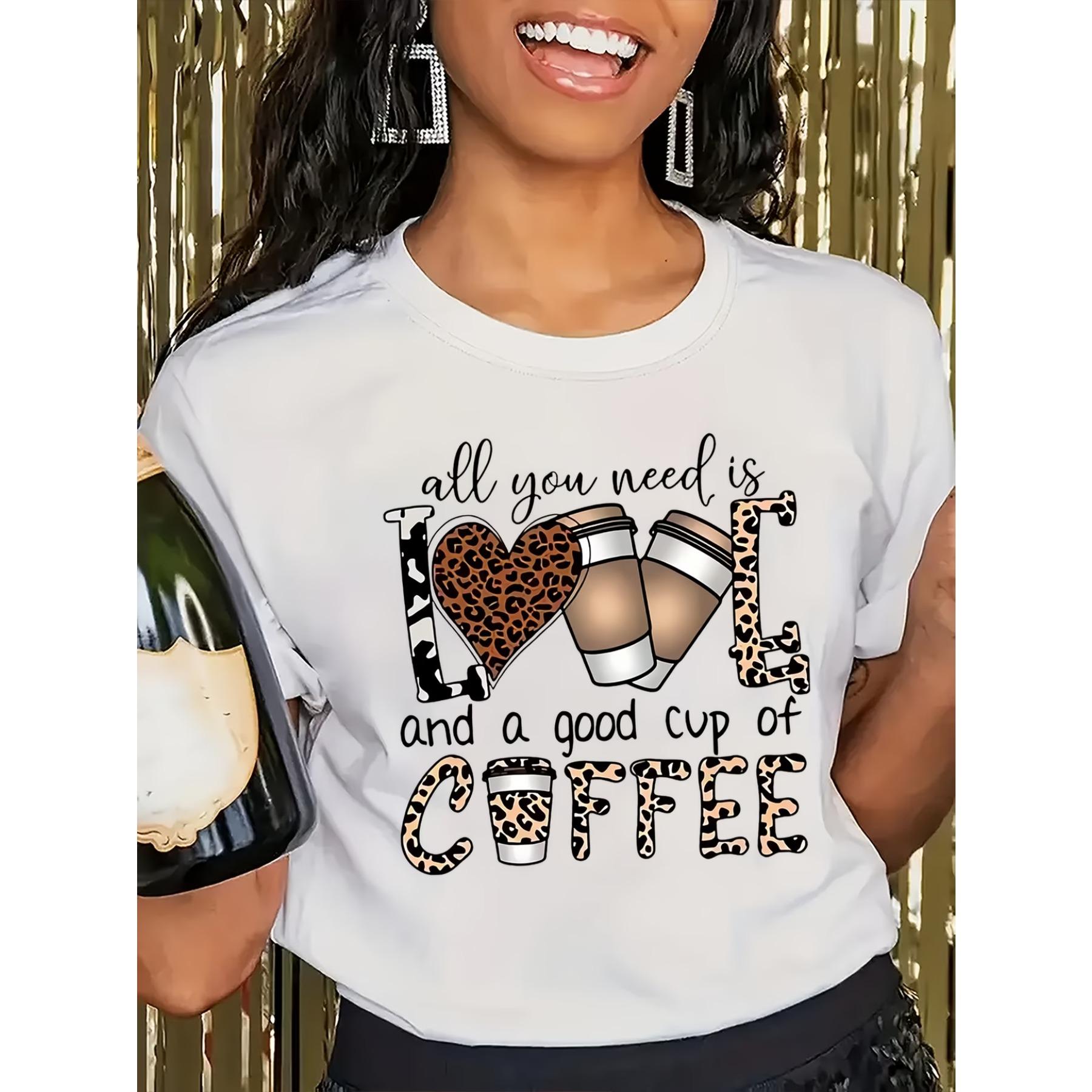 Leopard Print Heart Letter Printed Casual Round Neck Short Sleeve T-Shirt S белый