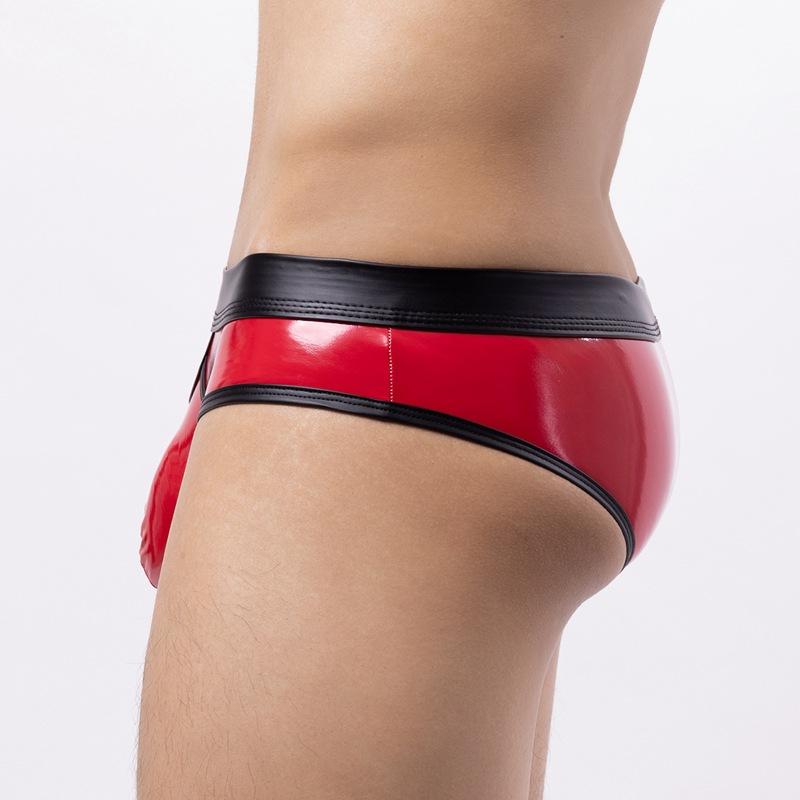 Męska seksowna bielizna penis erotyczny sztuczna skóra zabawne majtki otwarty krok sakiewka męskie majtki gejowskie majtki