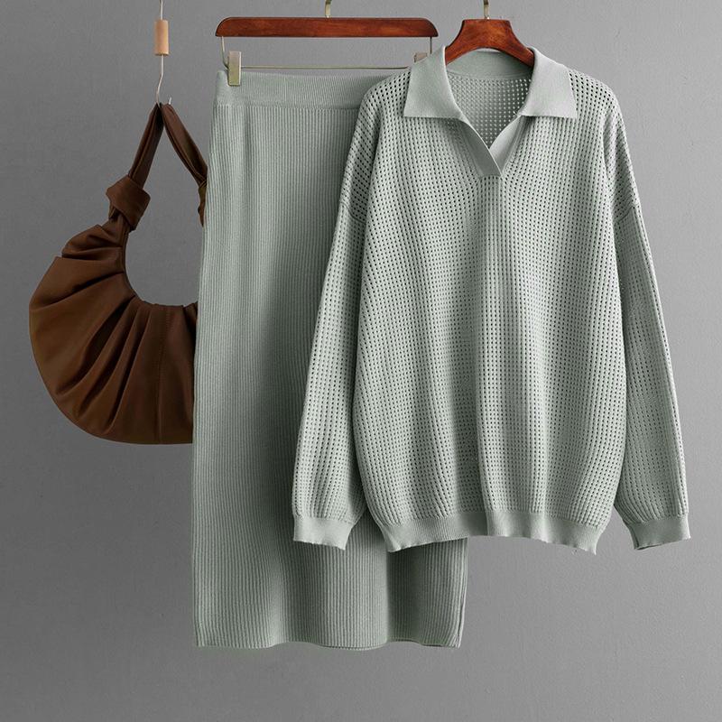 Herbst Neu Polo Ausgehöhlt Gestrickt Langärmeliges Oberteil Einfarbig Rock Zweiteiliges Set für Damen