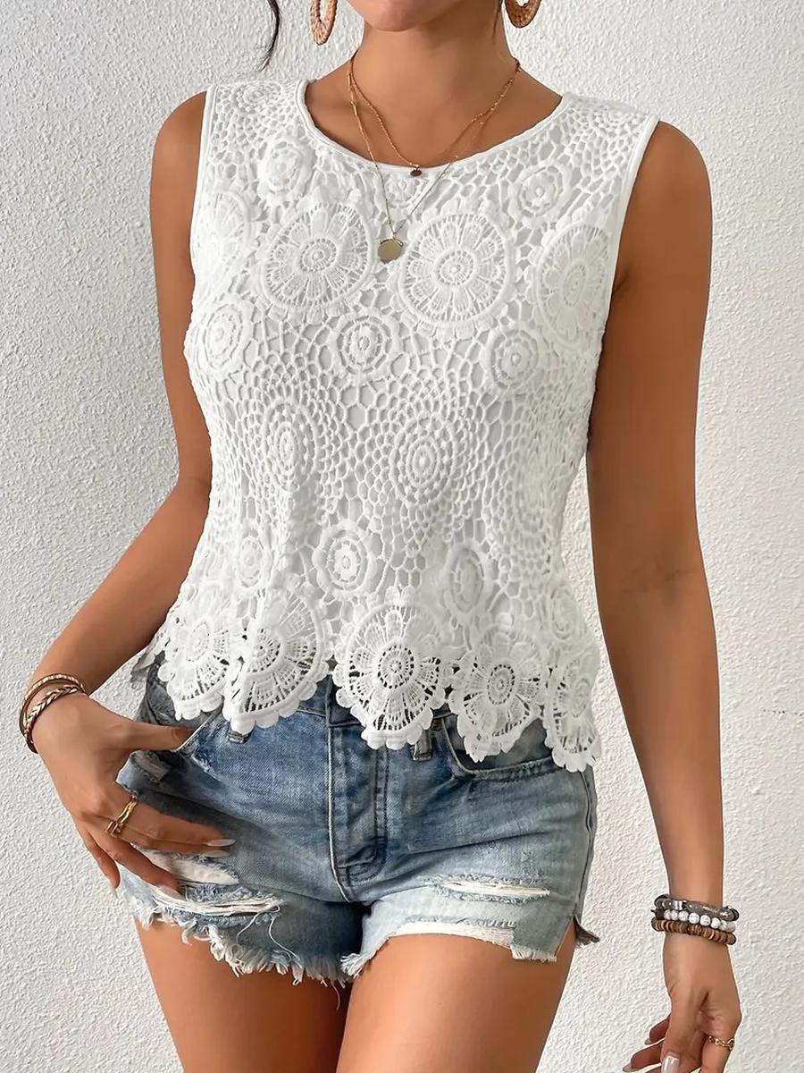 

Summer New Fashion Casual Versatile Crew Neck Lace Hollow Sleeveless Backless Top Chic Elegant XXL білий