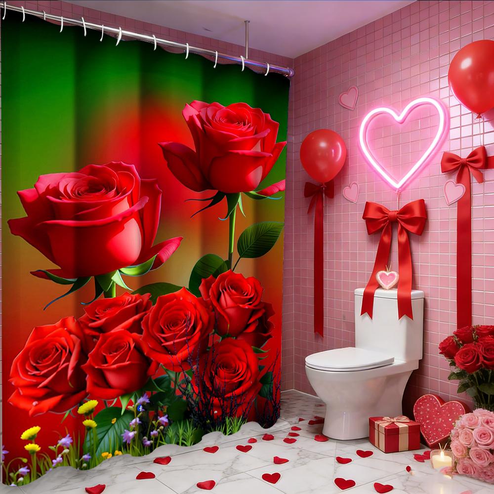 Valentinstag Herz Liebe Rose Duschvorhang, Badezimmer Duschvorhang wasserdicht mit 12 Haken, Fischförmige Heimdekoration
