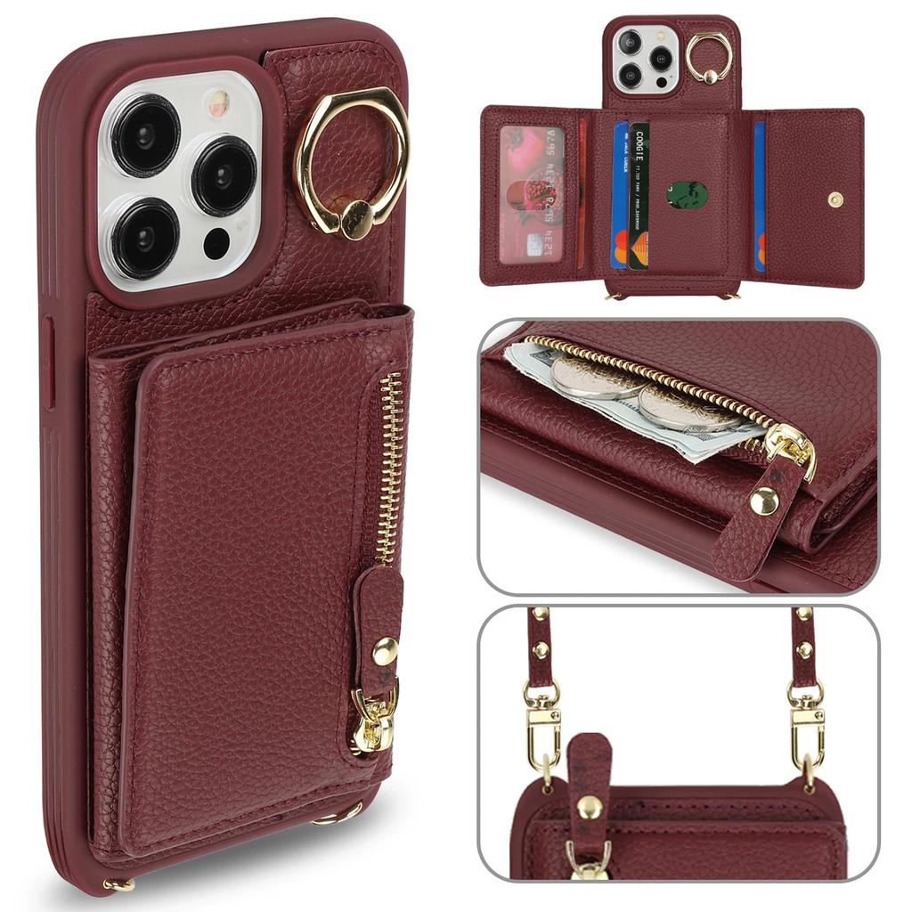 Crossbody Leather Wallet Case For iPhone 15 14 13 12 11 Pro Max XS X XR Protective Cover Ring Holder Zipper Cards Holder Bag