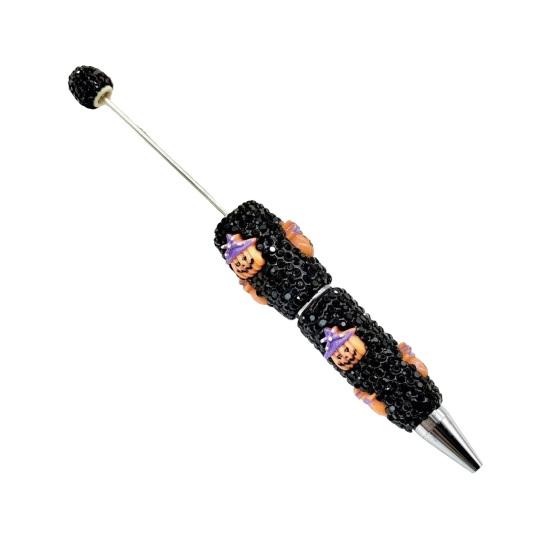 Rhinestone Writing Pen Beadable Pen, Glitter Plastic Beaded Halloween Pumpkin Ghost Skull Decorative Gel Ink for DIY Craft Making, School Office