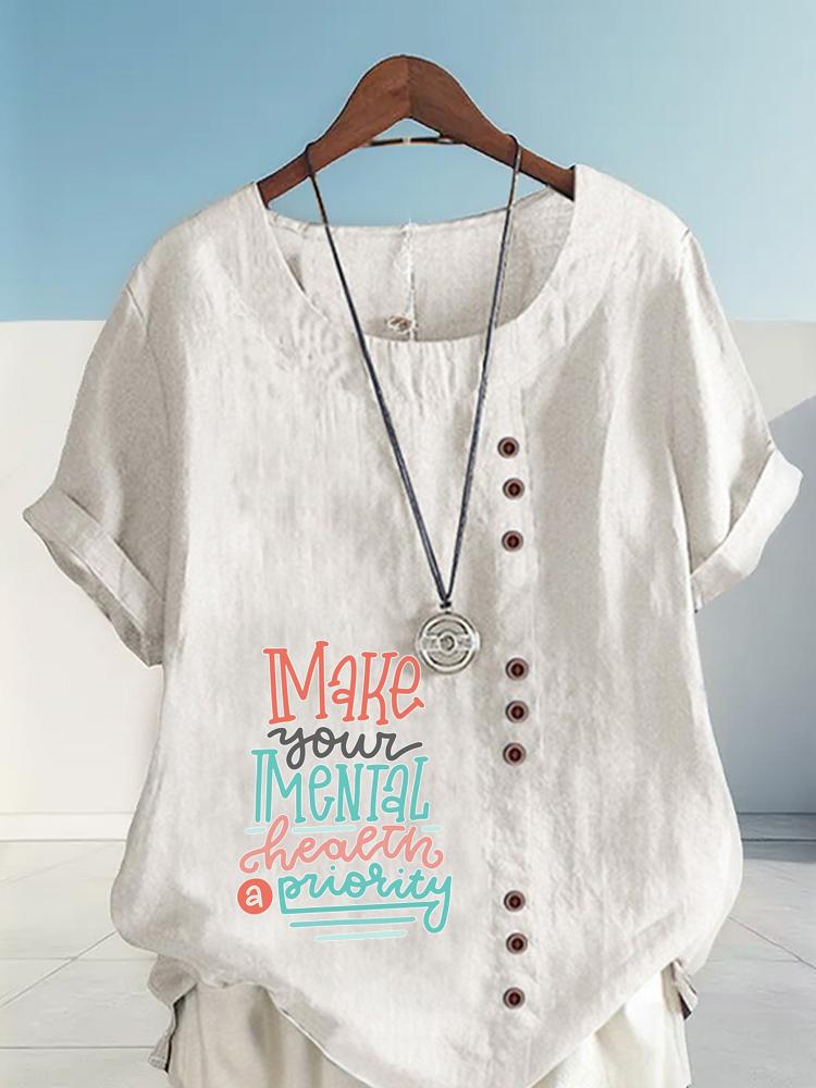 Women's Fashion Multi-color Letters Print Round Neck Short Sleeve T-shirt Summer Casual Cotton Linen Graphic Shirt Leisure Loose Blouse Tops