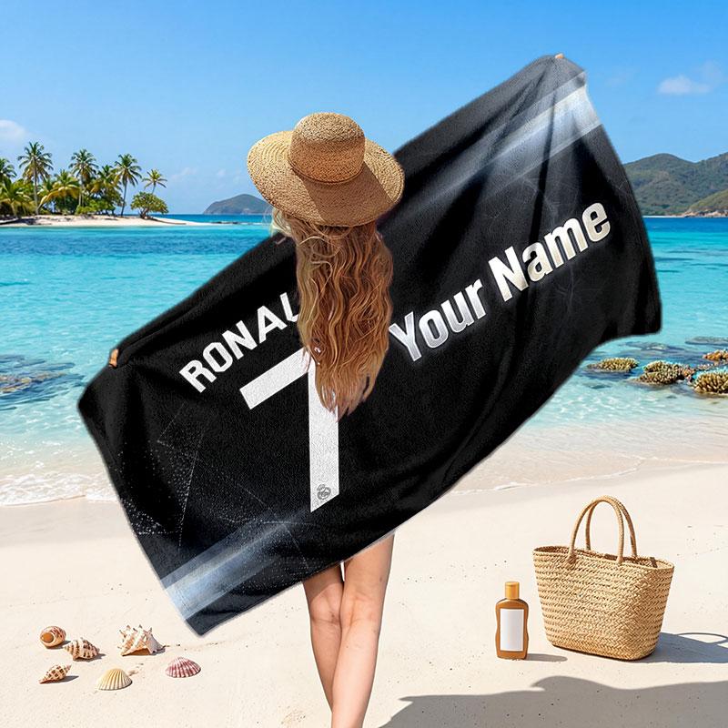 Cristiano Ronaldo Custom Beach Towel, Personalized Name Text Print, Football Logo Soft Quick‑Dry Towel Holiday Gift