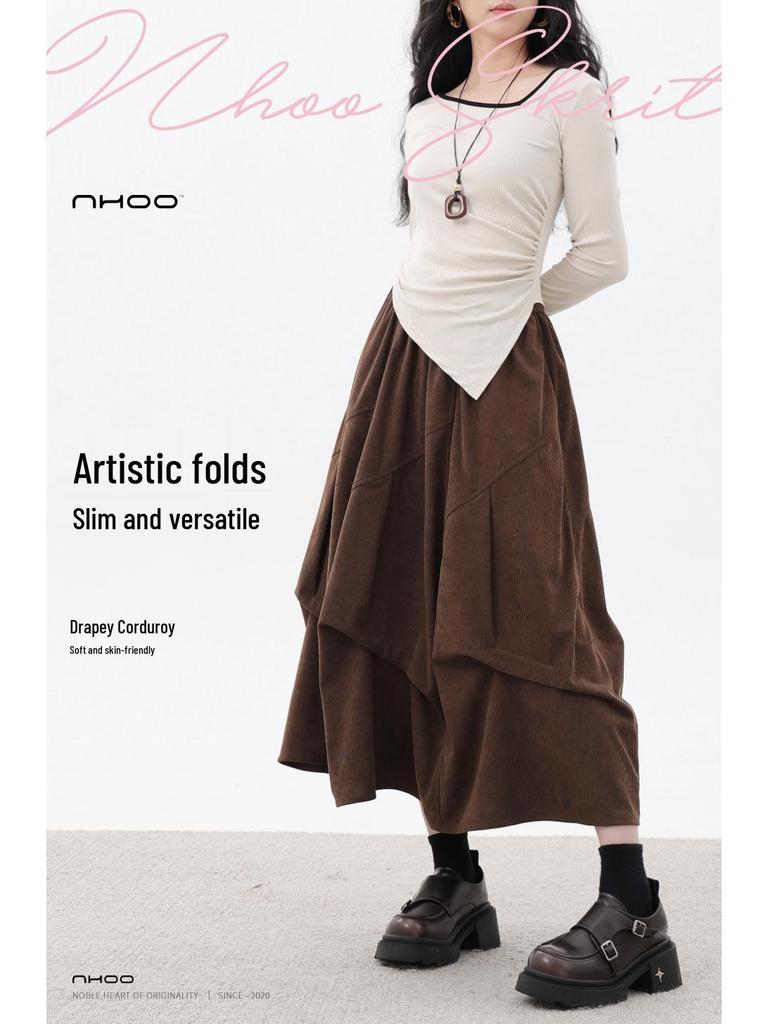 Pleated Corduroy A-Line Skirt