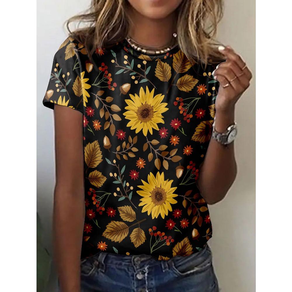 Ink Painting Floral T-Shirts Flower 3D Print Women Summer Short Sleeve Round Neck T Shirt Tees Harajuku Y2K Tops Female Clothing