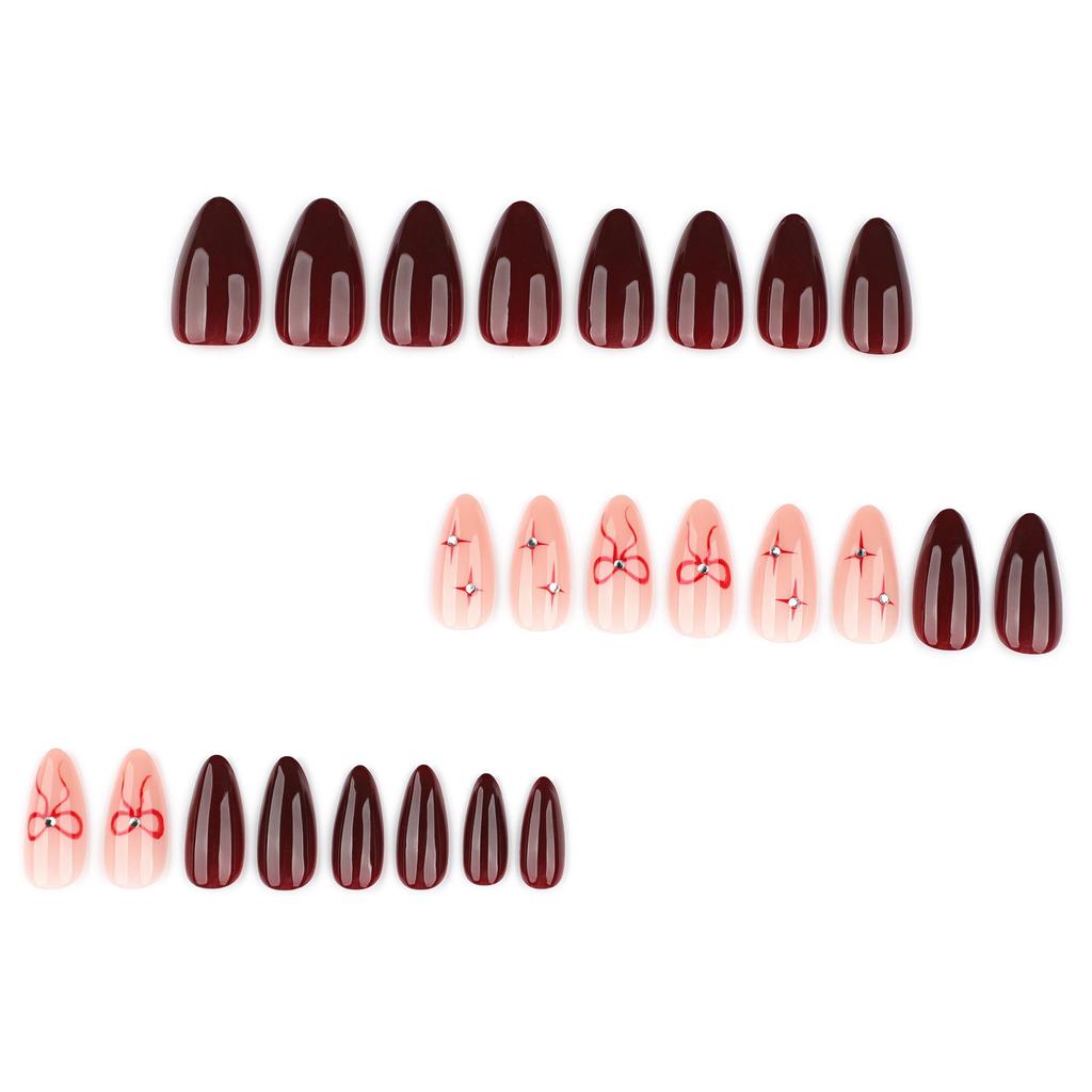 Red Almond-Shaped Press-On Nails with Bow and Star Design