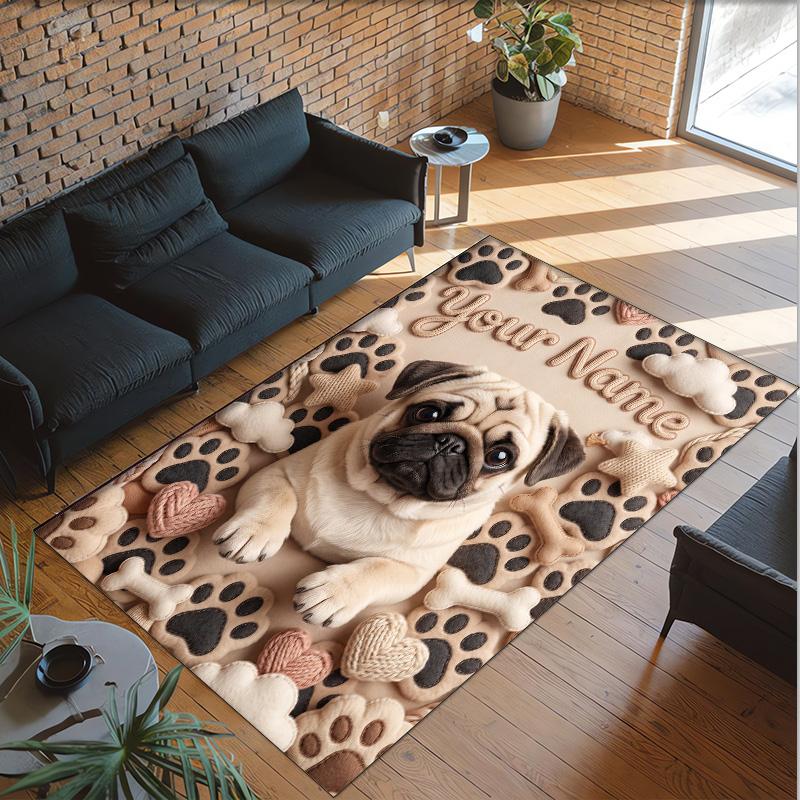 Pug Theme Crystal Velvet Floor Rug Personalized Custom Name Text Warm Carpet Home Decoration