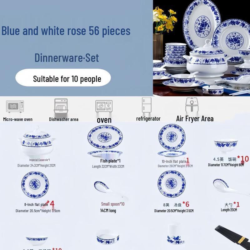 Wutuo Blue & White Ceramic 56-Piece Dinnerware Set