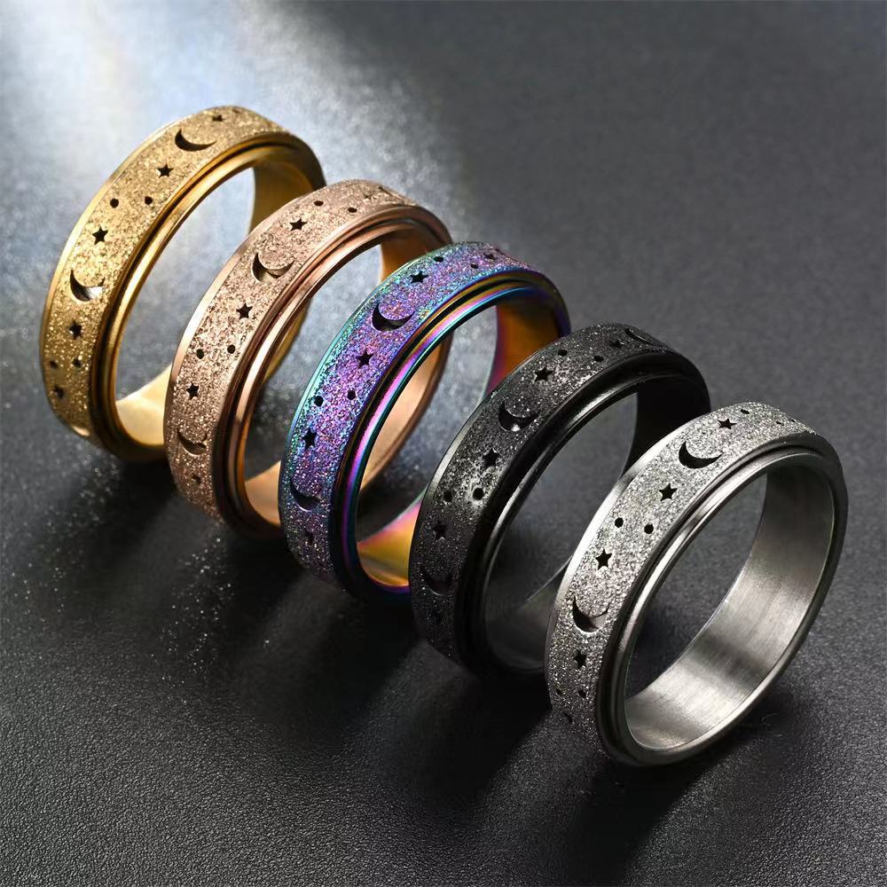 1Pc Stainless Steel Spinning Rotating Rings For Women Men 6MM Rotatable Design Moon And Star Design Fashion Ring Finger Jewelry