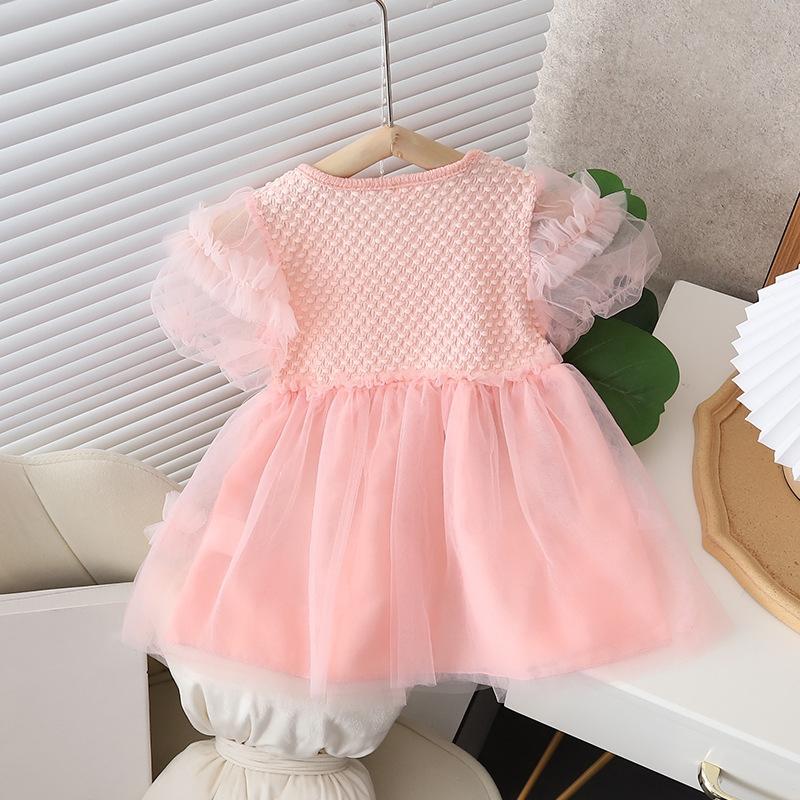 Sommer Neues Prinzessinnen-Stil Baby-Mädchenkleid Einfaches Einfarbiges Blasen-Kurzarm-Falten-Kuchenkleid Kinderkleidung Für Baby-Mädchen