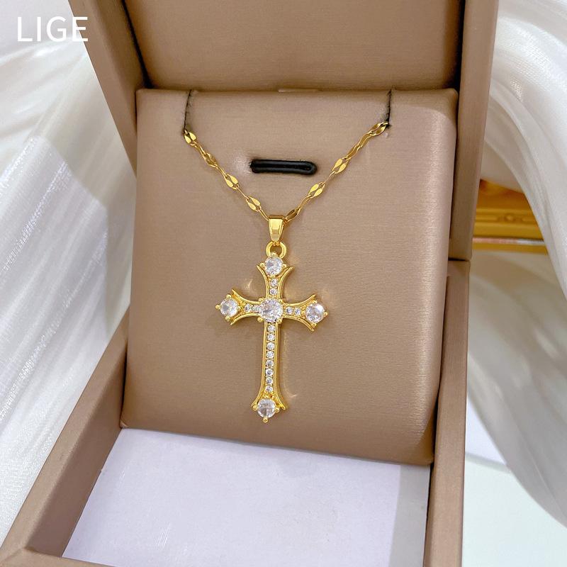 Cross Zircon Light Luxury Temperament Gorgeous Full Diamond Necklace Female Versatile Collarbone Chain Titanium Steel Chain