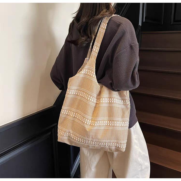 

Large-capacity Plaid Canvas Bag Women s All-matching Shoulder Casual College Student Class Tote 35x8x38