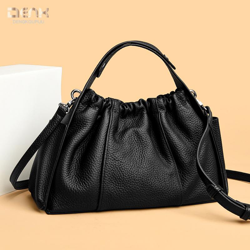 

Genuine Leather Women s Bag Pleated Bag High-end Fashion Single-shoulder Crossbody Bag Cowhide Small Bag чорний
