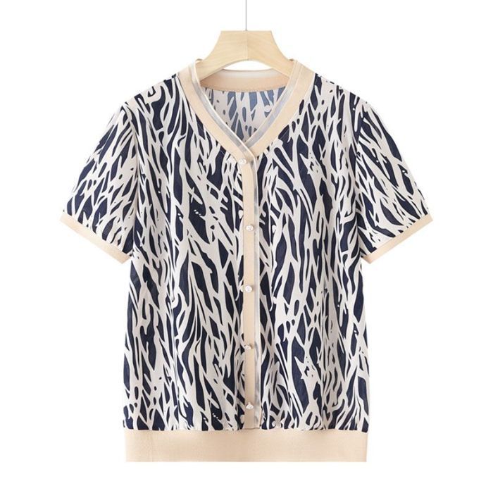 Fashion V-neck Short-sleeved T-shirt Women's Summer Printed Mother Wear Plus Size Middle-aged Blouse