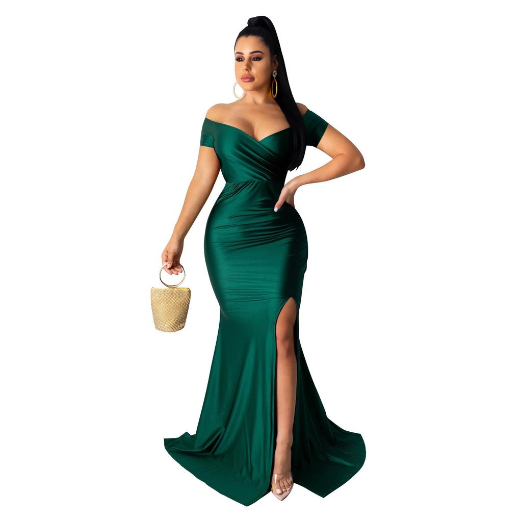 AL243 European and American Women's Sexy V-neck Evening Dress - High Slit, Solid Color, Short Sleeve for Spring/Summer