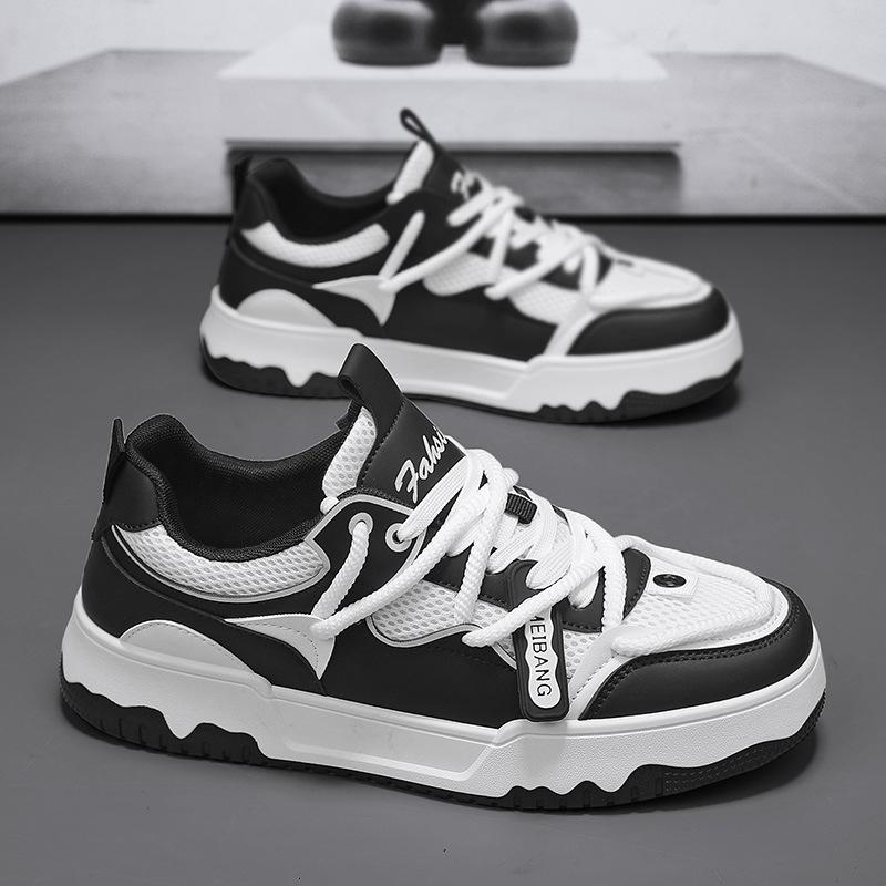 Men'S Shoes Leather Splicing Mesh Breathable Board Shoes Cross Strap Low Top Men'S Casual Sports Shoes