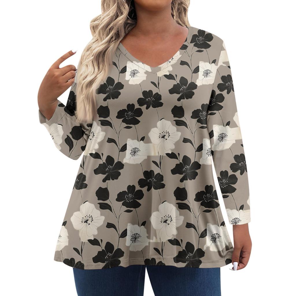 Women's Fashionable Casual Long Sleeved Plus Size Floral Print Top Plus Size Floral Print Top