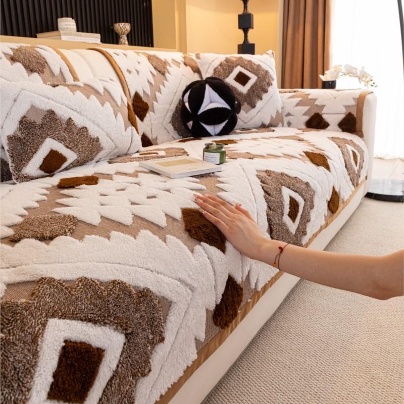 Winter Thicken Sofa Cushion Pad Anti-Slip Retro Fleece Ethnic Style Pattern Sofa Cushions Living Room Keep Warm Sofa Mats