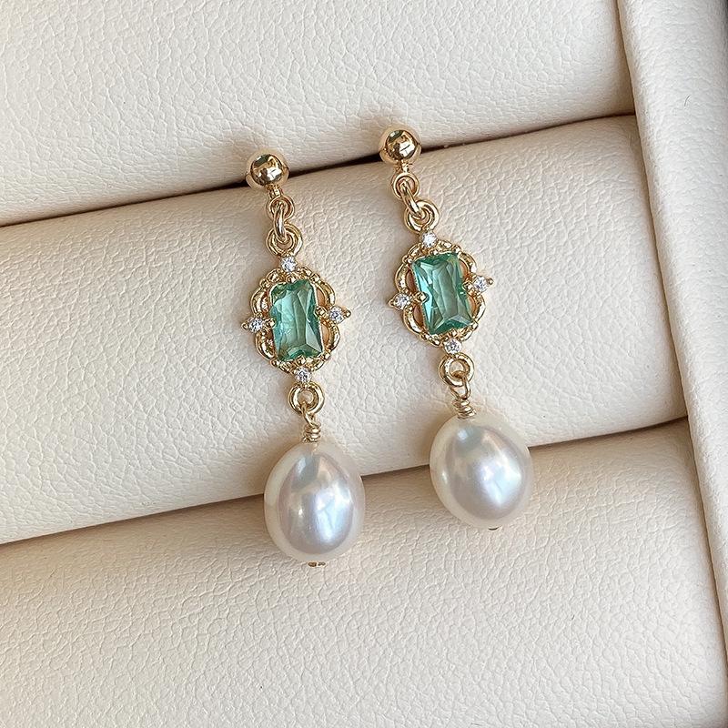 925 Sterling Silver Palace Style Emerald Crystal Earrings Women Simple Pearl Tassel High-end Generous Party Jewelry Gift