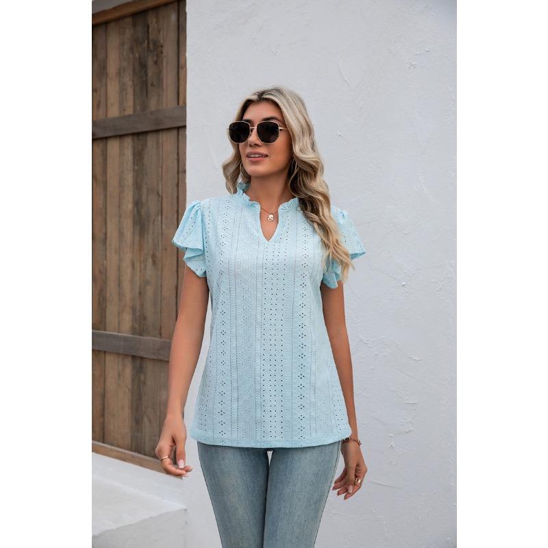 Camiseta de Verano para Mujer Cuello en V Manga Corta con Volantes Top Holgado de Manga Corta