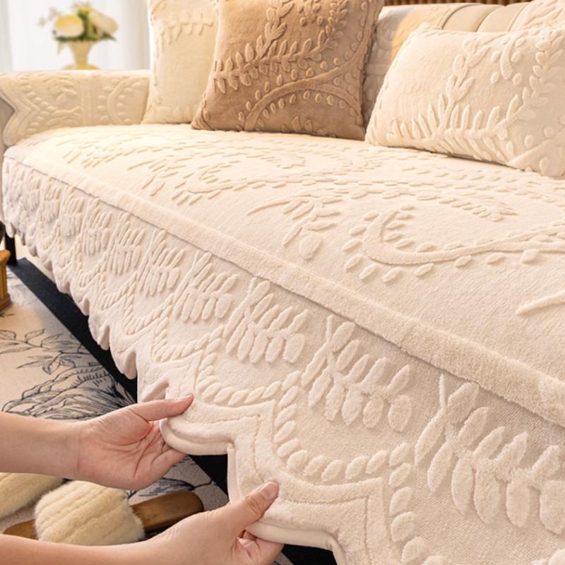 1PC Leaves Jacquard Sofa Cover Thicken Plush Winter Sofas Mat Pad Nordic Style Non-slip L Couch Slipcovers for Living Room 