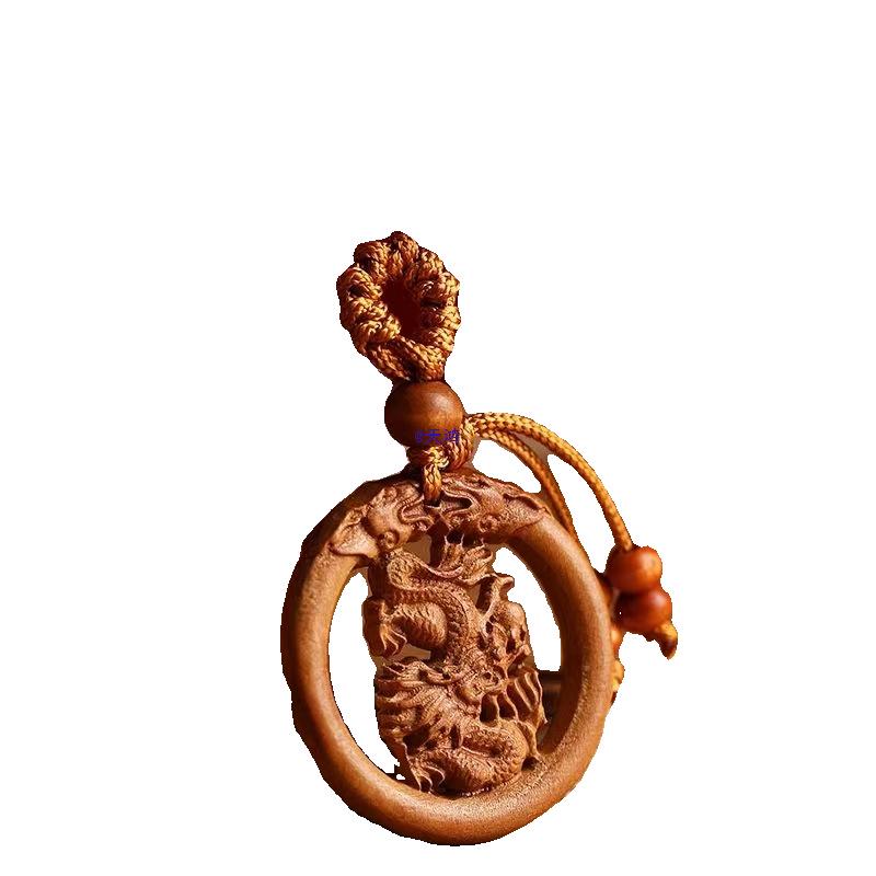 Peach Wood Zodiac Keychains: Year of the Dragon Pendant with Rat, Ox, Tiger Carvings - Carry-on Ornament Gift