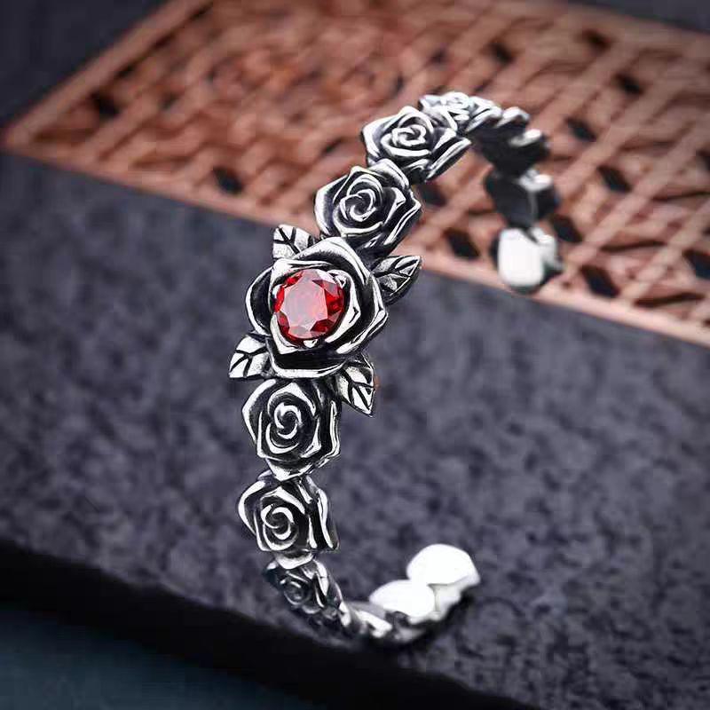 

Sterling Silver Rose Red Diamond Ring - Retro Korean Style with Unique Aged Personality Adjustable