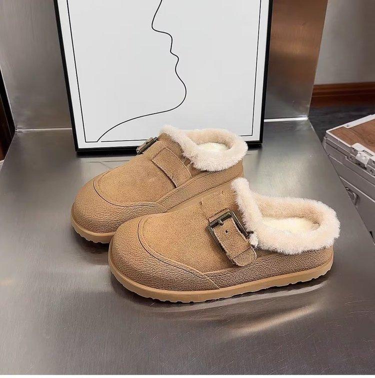 

Баотоу драг флис женская обувь 2025 зима новая мягкая подошва пробка нескользящие толстая подошва пушистые тапочки женские круглый носок 40 верблюд