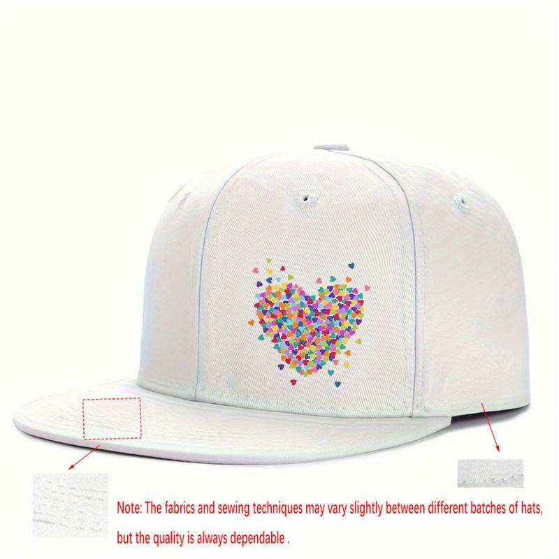 Colorful Heart Print Baseball Cap Polyester Unisex Flat Brim Snapback Streetwear Adjustable Casual Hat