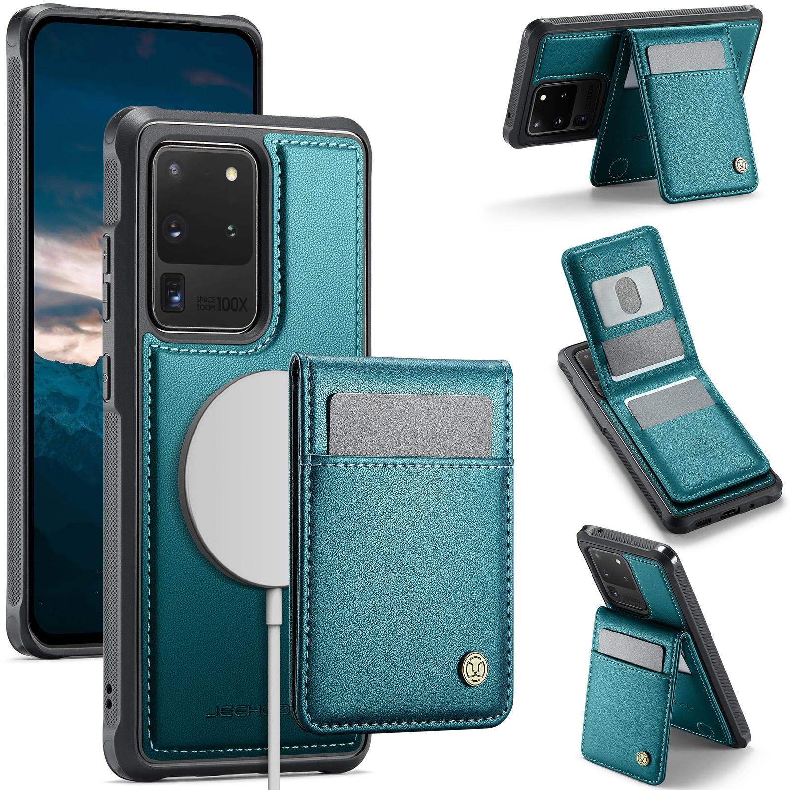 

For Samsung Galaxy S20 Ultra Leather Back Cover Compatible with MagSafe JEEHOOD J06 Phone Case with Card Bag RFID Blocking Blue