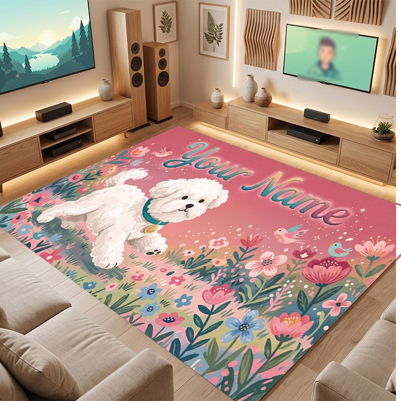 Floral Garden Theme Crystal Velvet Floor Rug Personalized Custom Name Text Warm Carpet Home Decoration