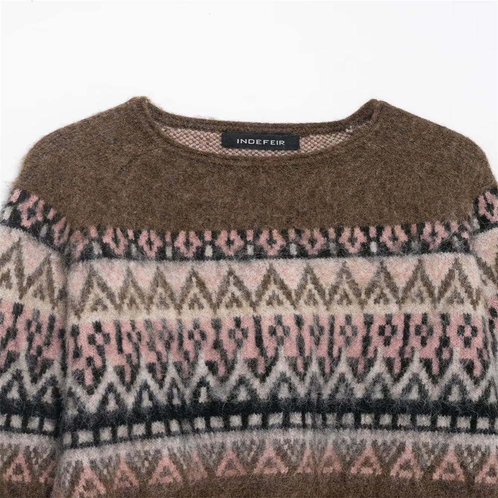 European Autumn/Winter Women's Casual Color-Washed Jacquard Knit Pullover Sweater