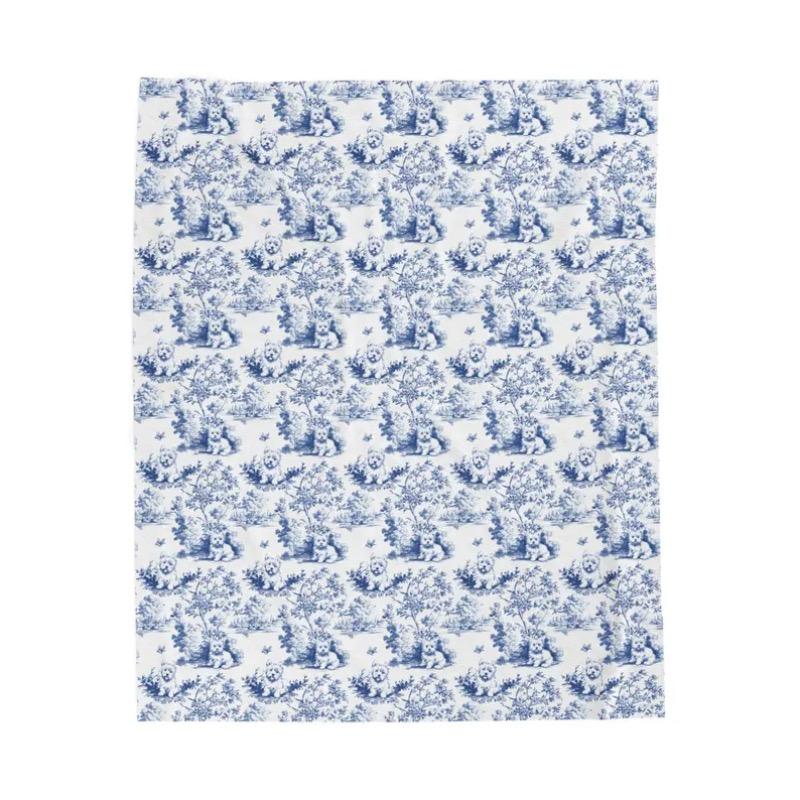Blue Toile Throw Blanket for Westie Lovers Dog Mom Toile de Jouy Gift French Country Cozy Plush Blanket 75cmx90cm