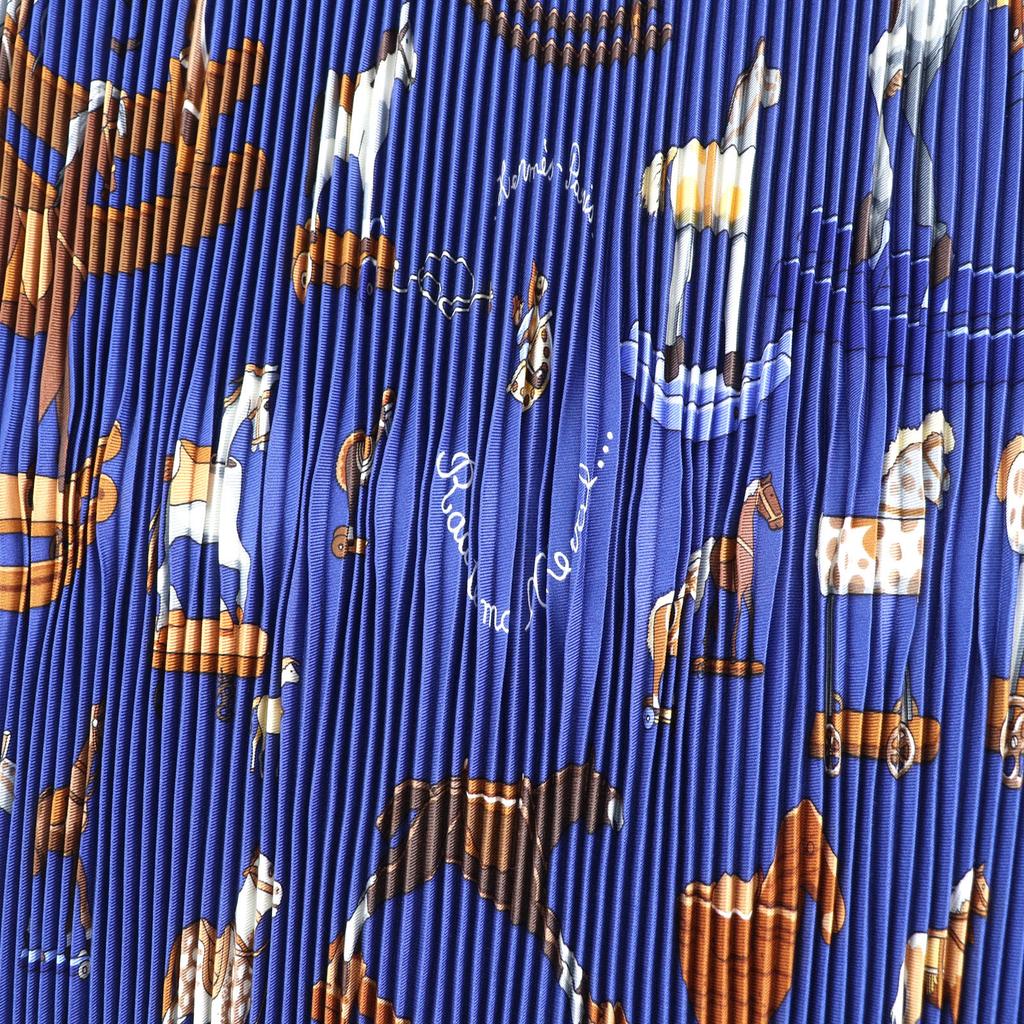 Excellent HERMES scarf Blue Rocking Horse Pleated curry Multi silk Women Used