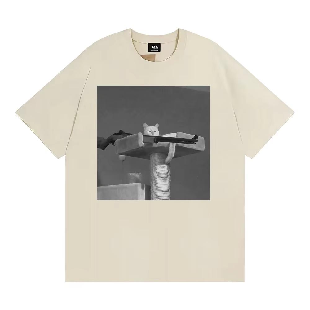 Funny Outlaw Cat with Gun Meme Vintage Graphic T Shirt Men's Women Fashion Casual O-Neck T-shirt High Quality T-shirt Streetwear