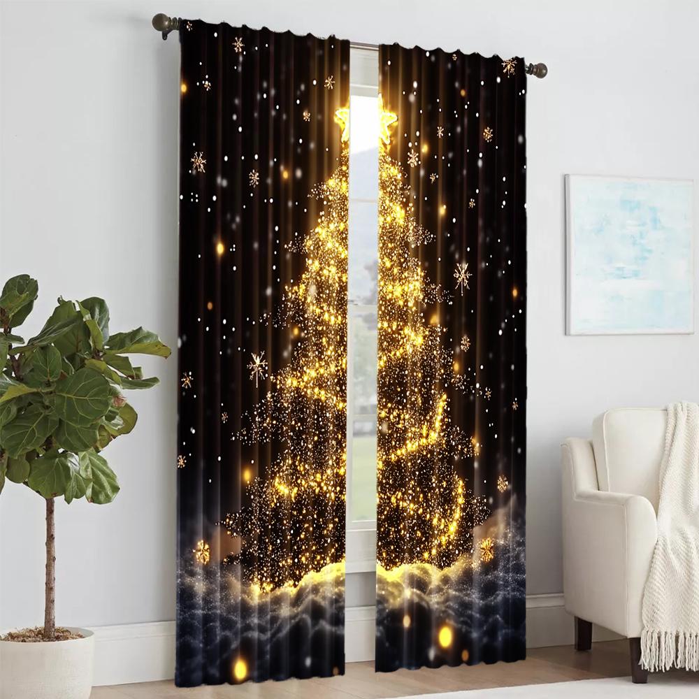 2Pcs Golden Christmas Tree Print Curtains Rod Hole Design For Easy Hanging Perfect For Living Room Bedroom Office Polyester Home