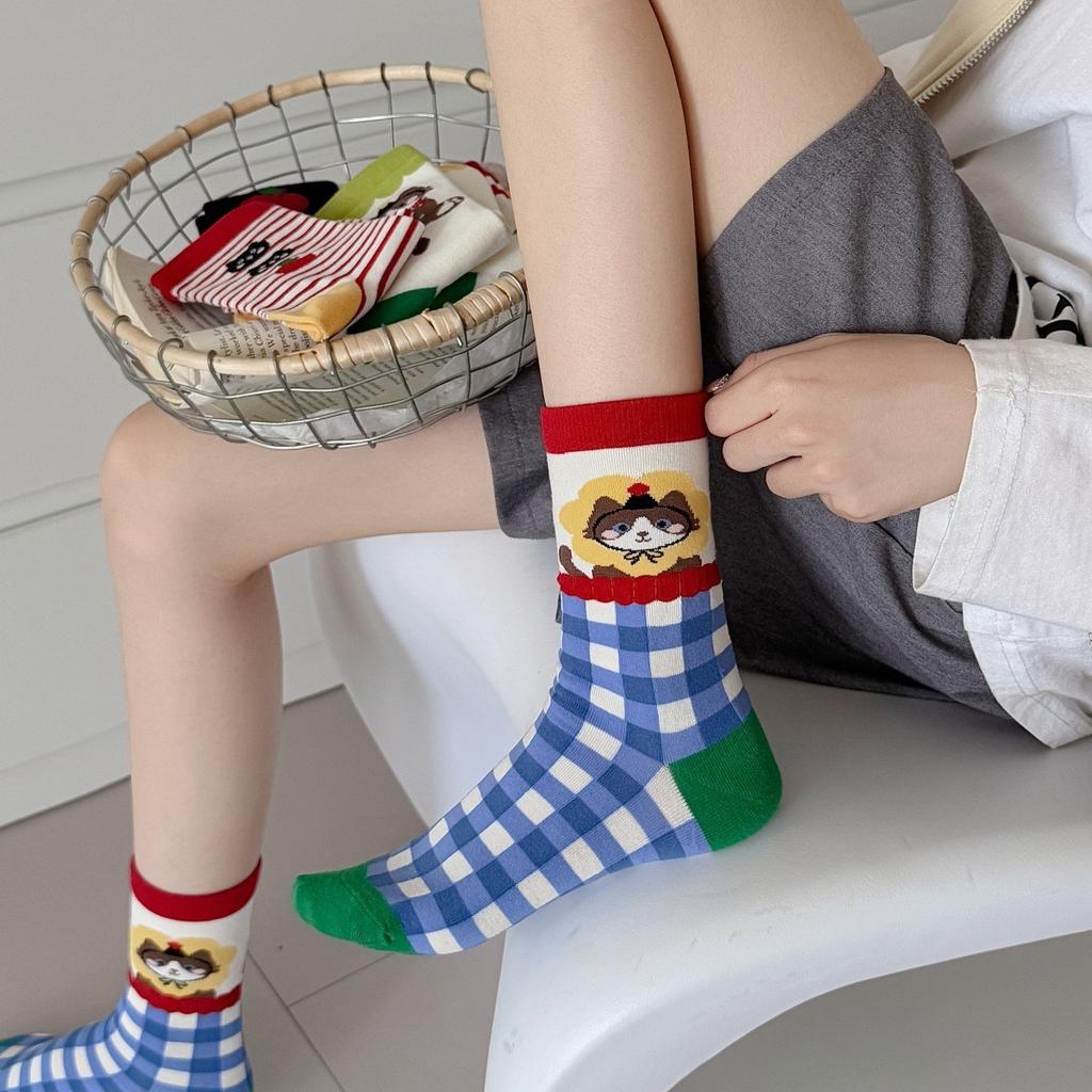 Autumn Women's Socks, Mid-calf Socks, Cartoon Cat Through-pile Socks, Student Socks for Women