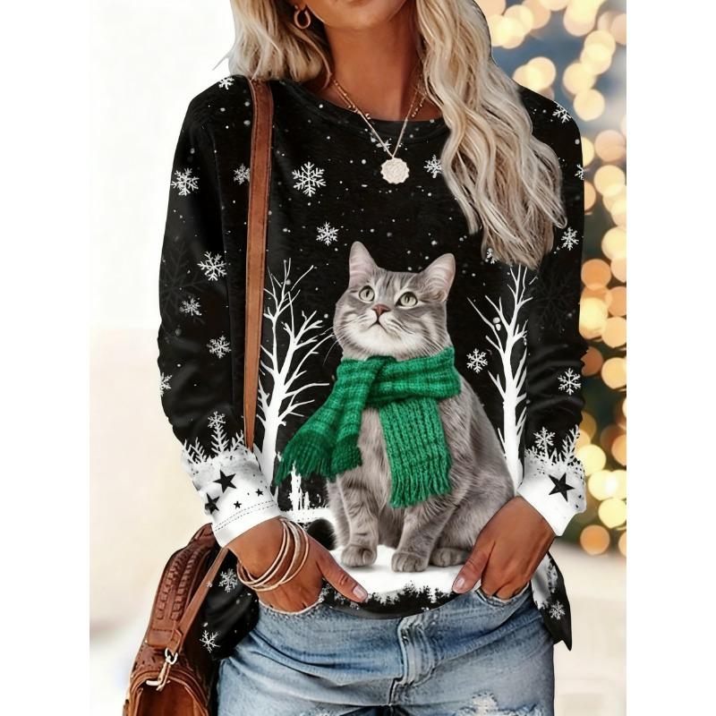 Christmas-themed women's snowflake and kitten print round neck long-sleeved T-shirt, festive black and white casual loose top