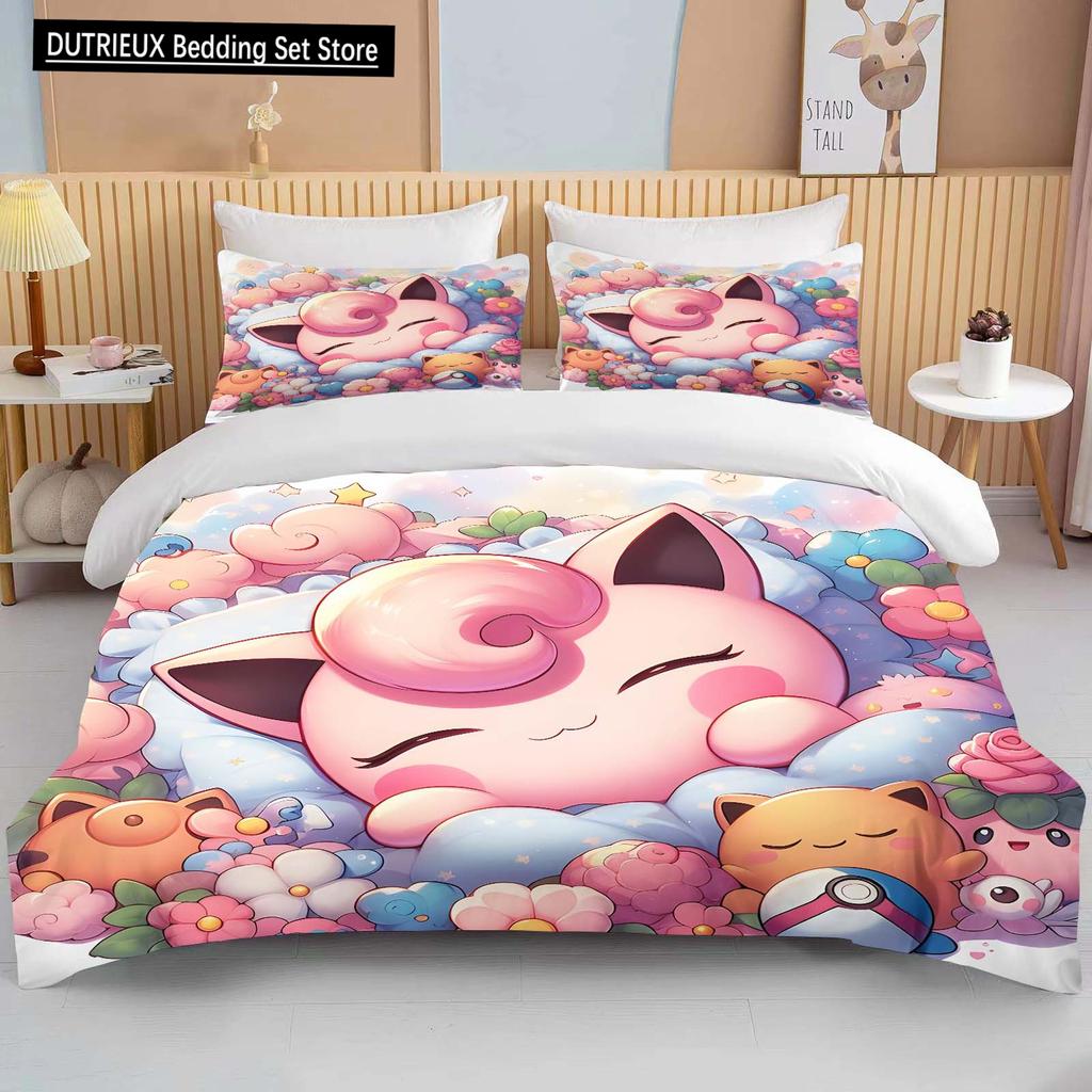 10 Sizes Pokemon Jigglypuff Print Pink Bedding Set Duvet Cover 1 Duvet Cover 2 Pillowcases Adult and Children Bedding Set Luxury