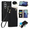 Crossbody Wrist Strap Case for Samsung Galaxy Z Fold 8 Ultra 7 6 5 4 3 5G Wallet with Card Holder Zipper PU Leather Flip Cover
