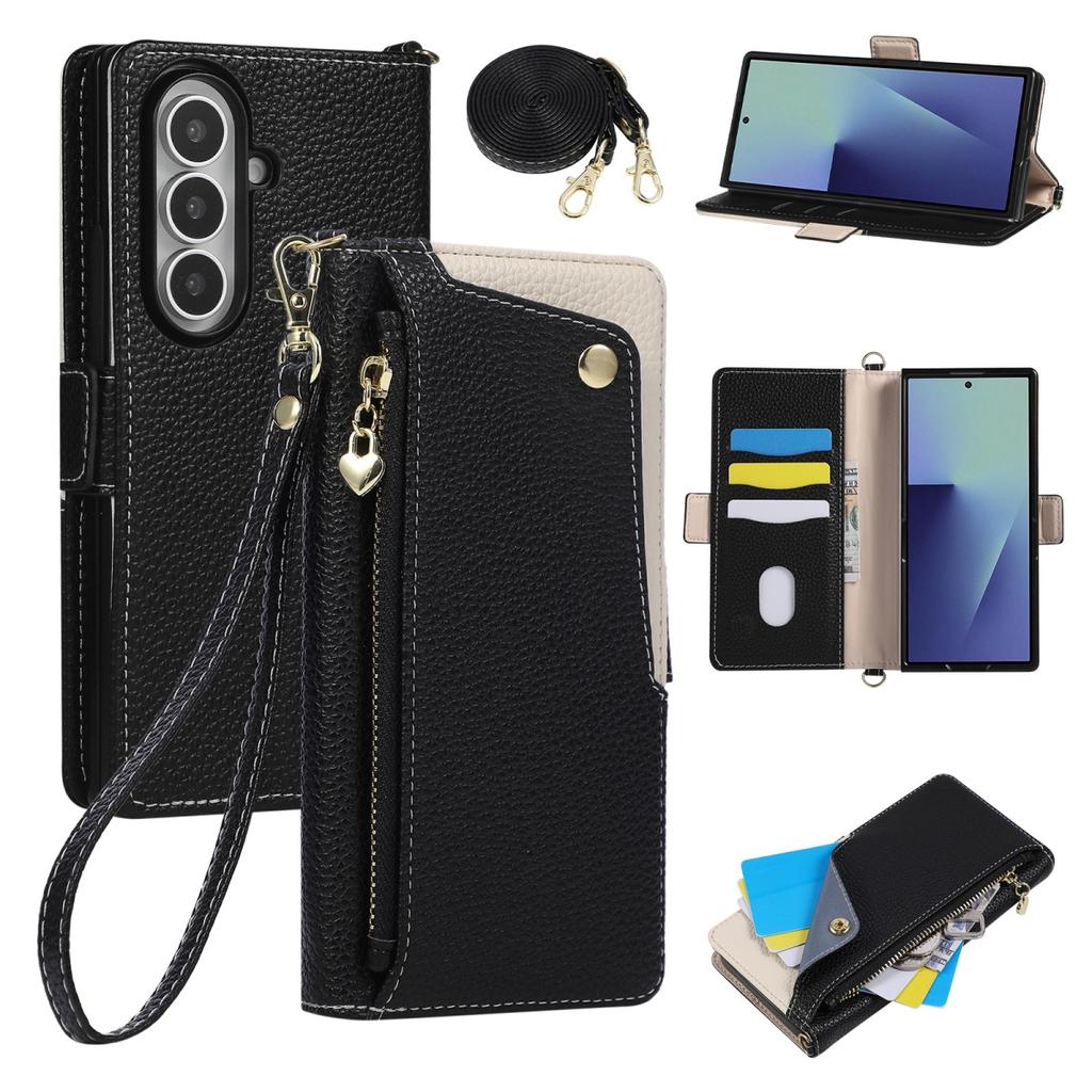 Crossbody Wrist Strap Case for Samsung Galaxy Z Fold 8 Ultra 7 6 5 4 3 5G Wallet with Card Holder Zipper PU Leather Flip Cover