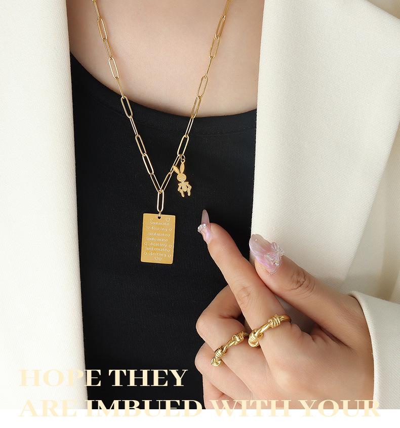 Love Letter Rabbit Pendant Necklace: Rectangle, Long Chain, Fade-Resistant Gold-Plated Titanium Steel.