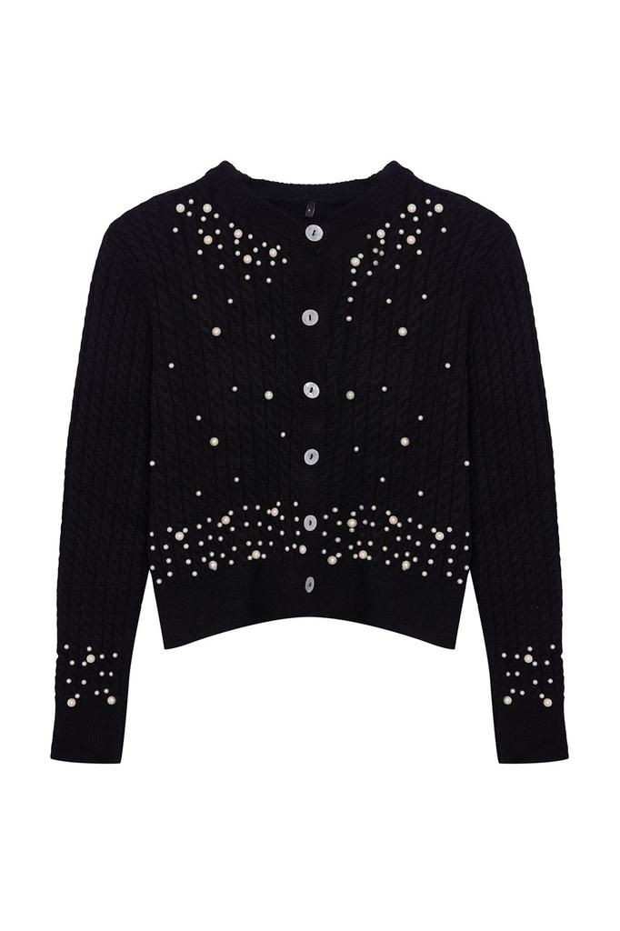 Women's Elegance Style Cardigan Black Crop Soft Textured Pearl Detailed Jacket Look Knitwear Cardigan