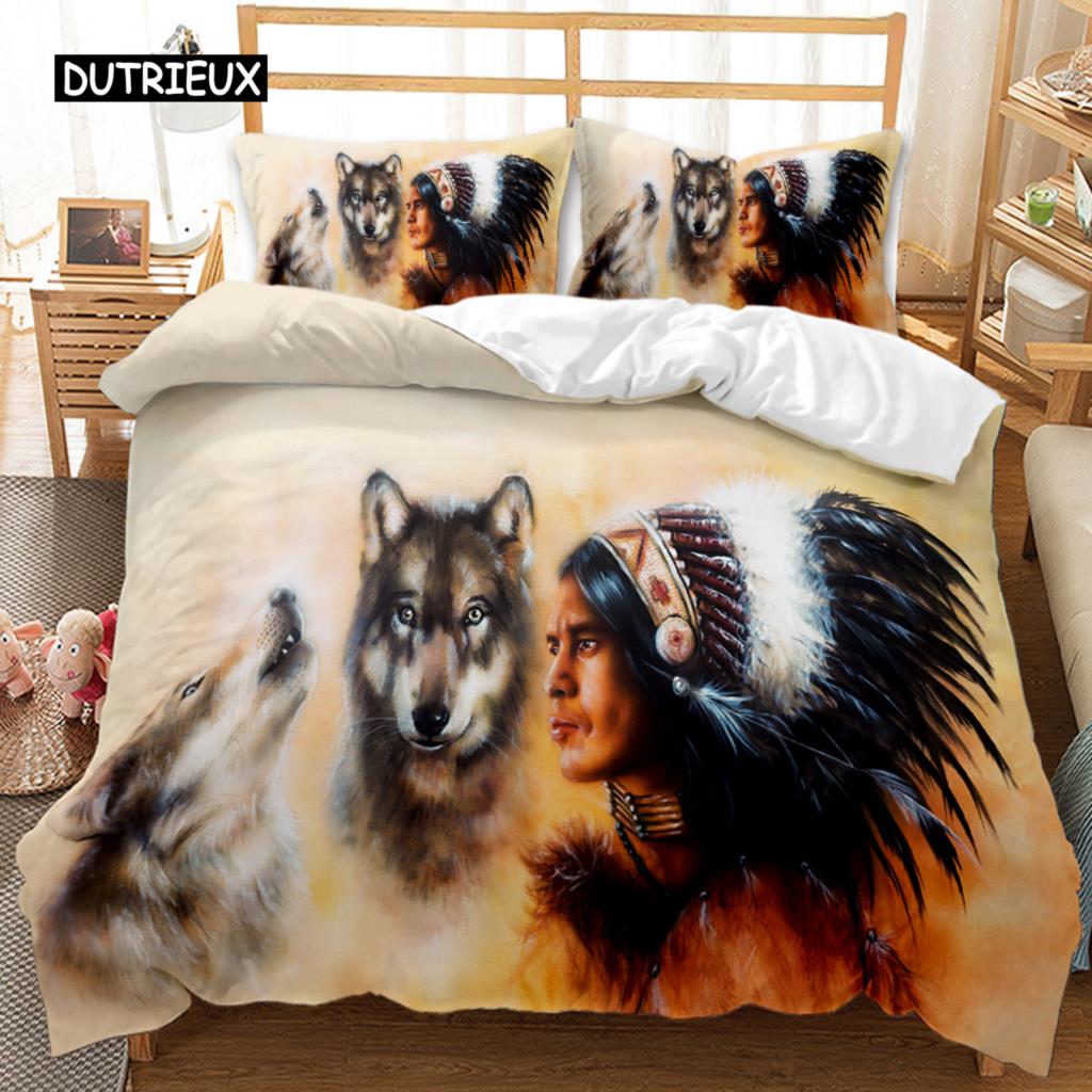 Wolf Bettbezug Set Tiermuster Bettwäsche Set Cooles Wildleben Bettdeckenbezug Kinder Glitzer Blau Wilder Wolf Polyester Quiltbezug